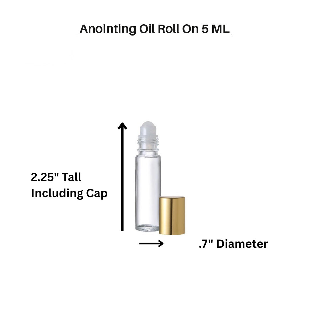 A 5 mL anointing oil roll-on bottle with a clear cylindrical body, white roller ball, and separate gold cap, shown on a white background with measurement labels reading 2.25" tall including cap and .