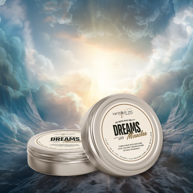 Two wax melt containers labeled 'Dreams and Miracles' on a cloud-themed background