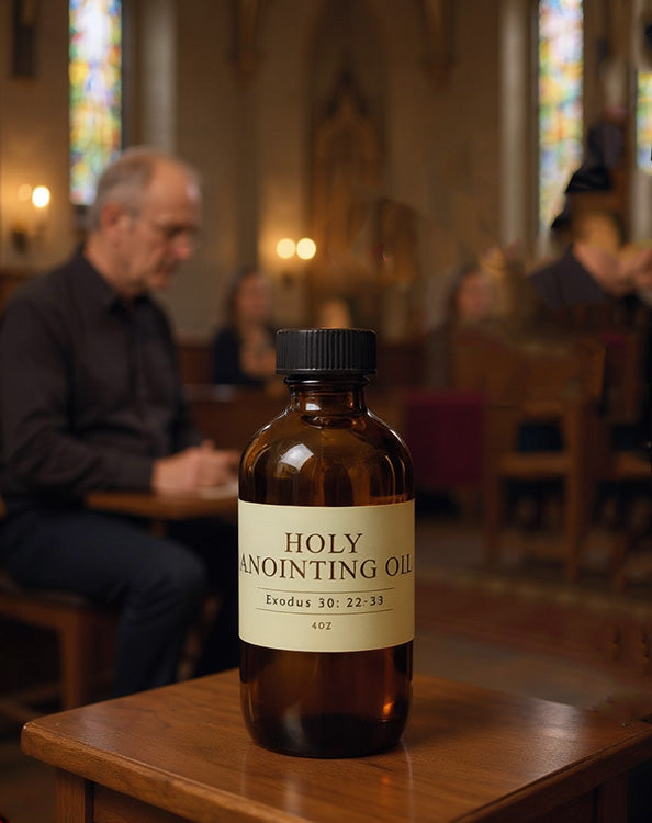 Bottle of Holy Anointing Oil on a table in a church setting