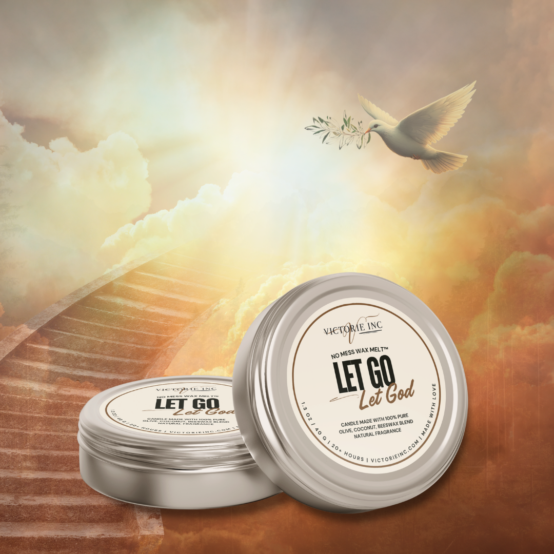 Two containers labeled 'Let Go Let God' with a dove and sunset background