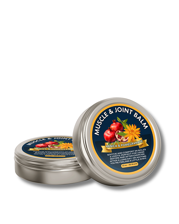 Muscle and joint balm container with pomegranate and arnica design on a white background