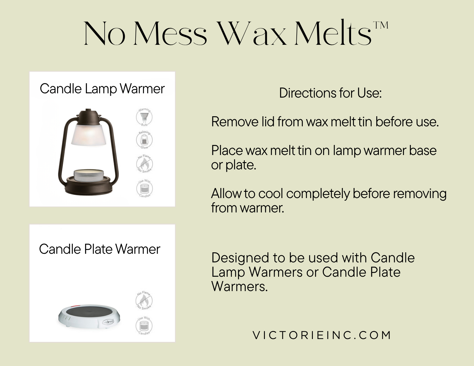 Instructions for using candle lamp and plate warmers with 'No Mess Wax Melts' on a beige background.