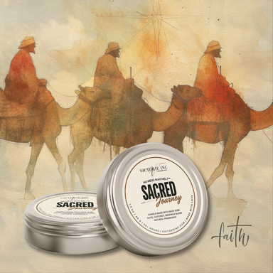 Candle tins labeled 'Sacred Journey' with a background of three wise men on camels.