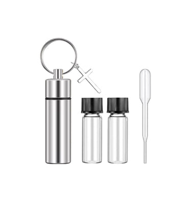 Silver Oil Container with 2 Glass Vials for Anointing Oil, Perfume or Essential Oils.