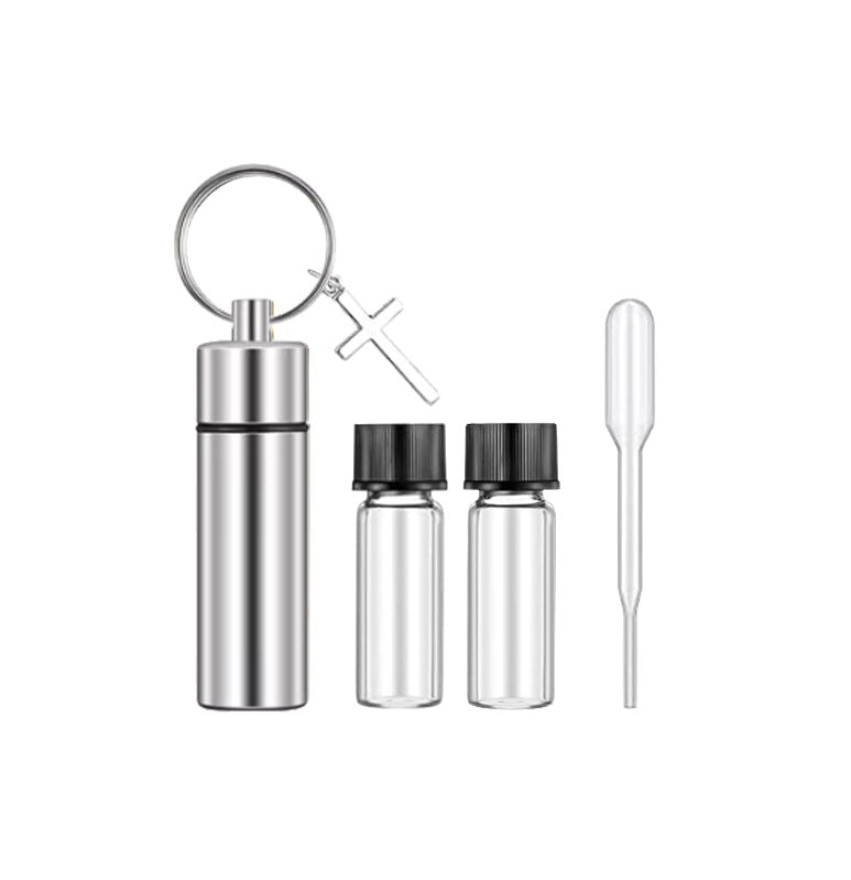 Silver Oil Container with 2 Glass Vials for Anointing Oil, Perfume or Essential Oils.